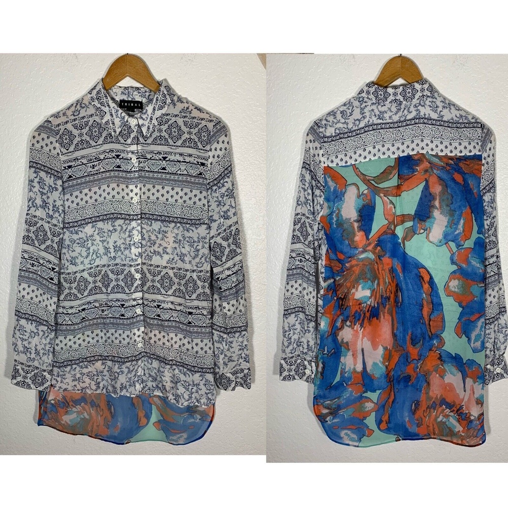 Women’s TRIBAL Button Abstract Collared Blouse Size Small
